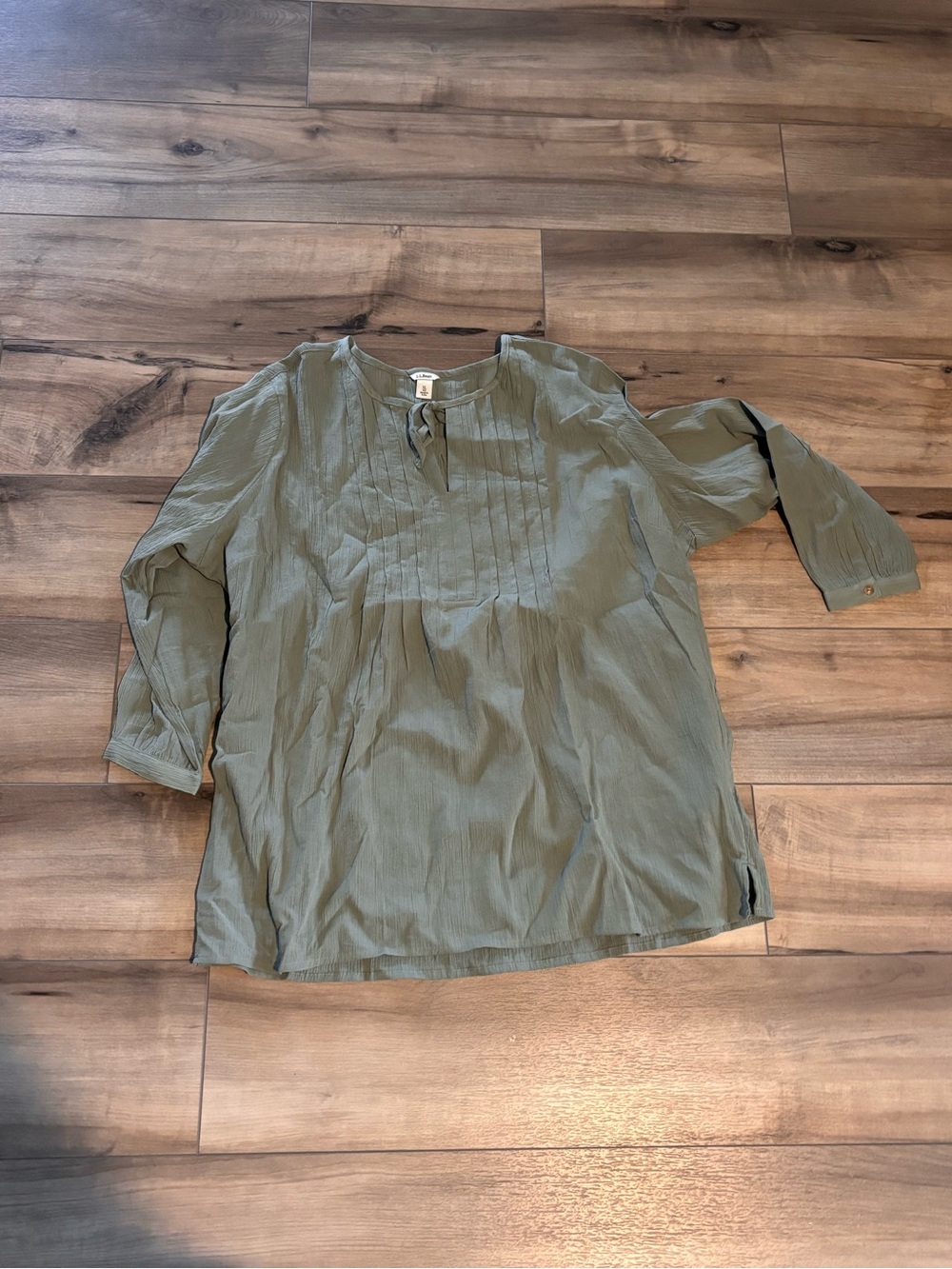 L.L. Bean Olive Green Tie-Neck Pintuck Blouse